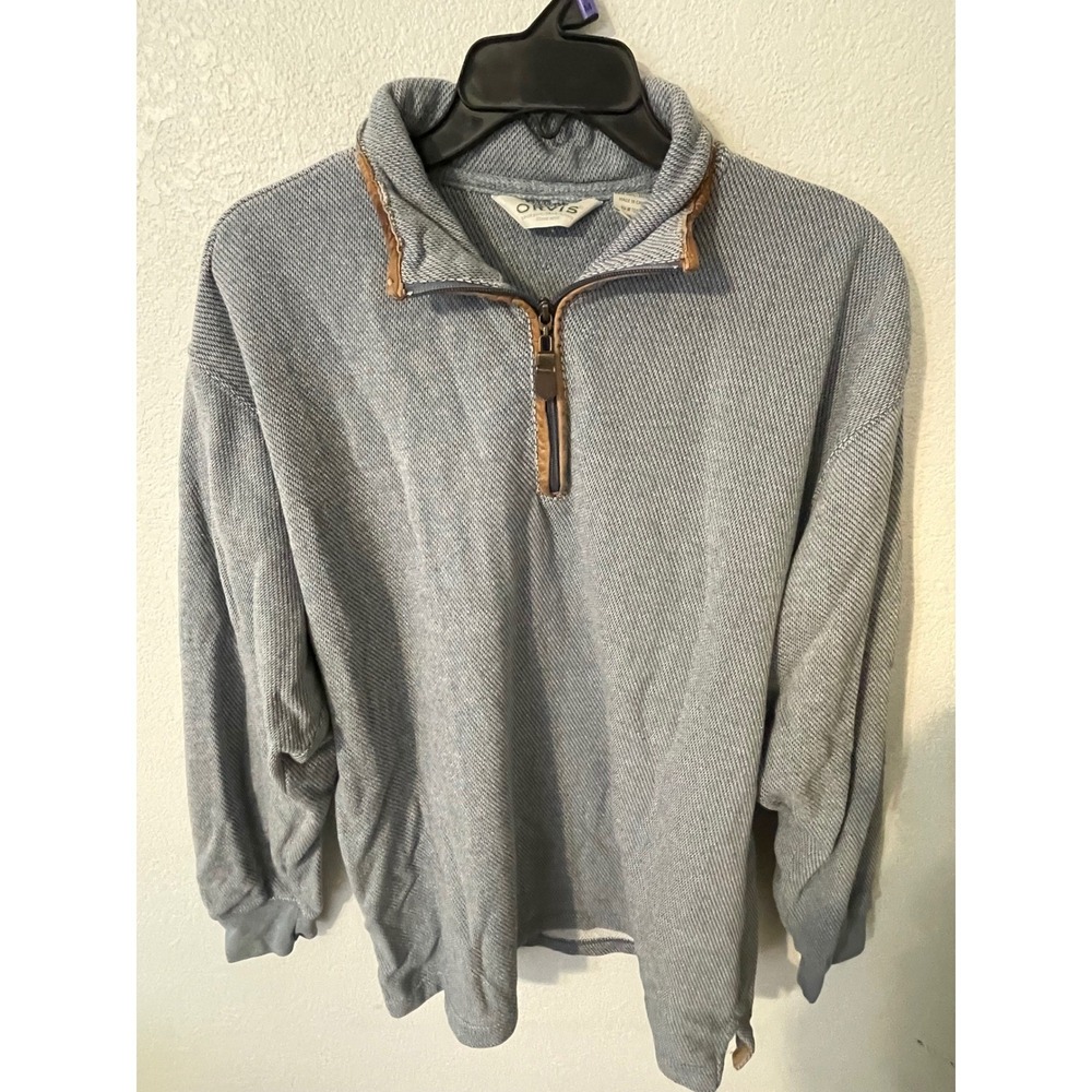 ORVIS Mens 1/4 Zip Sweater Light Blue Textured Cotton Blend Leather Trim